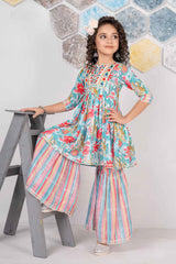 Blue Printed And Embroidered Sharara Set For Girls