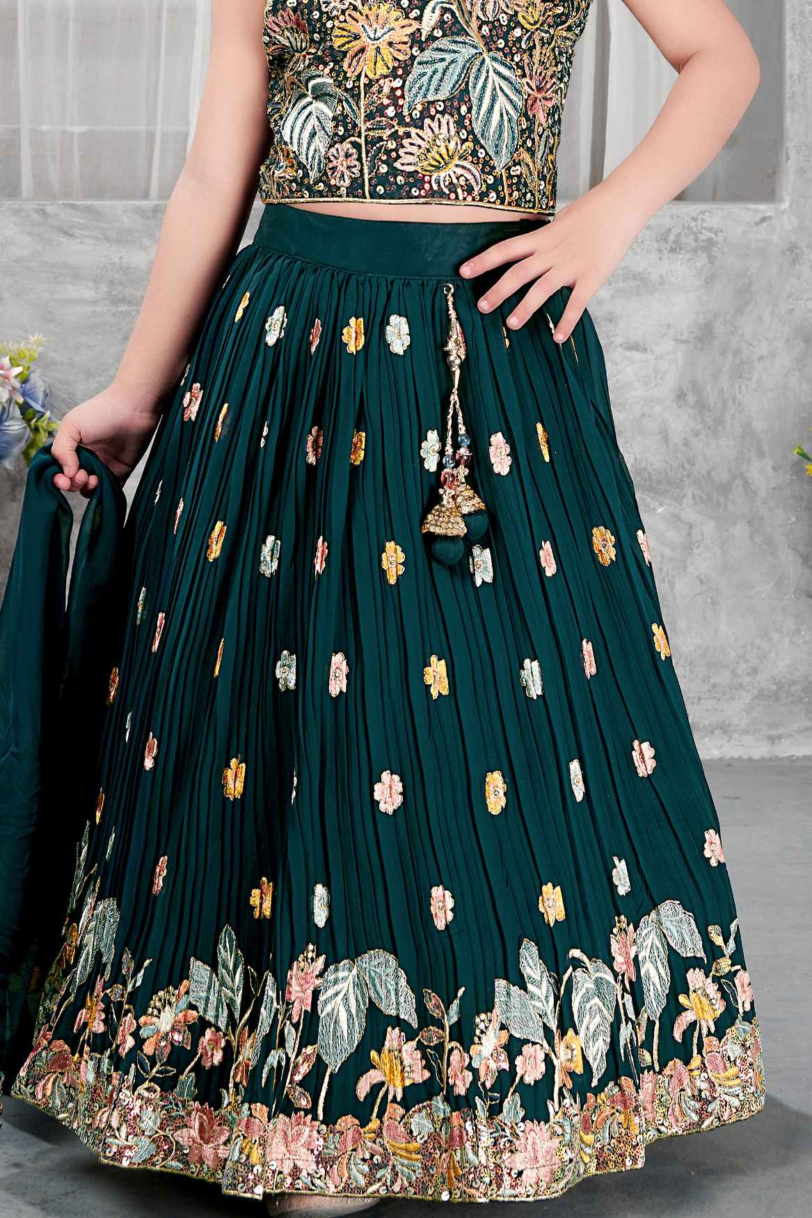 Teal Blue Floral Sequin Embroidered Lehenga Choli Set For Girls