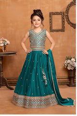 Teal Green Lehenga Choli With Sequin Work And Embroidered For Girls