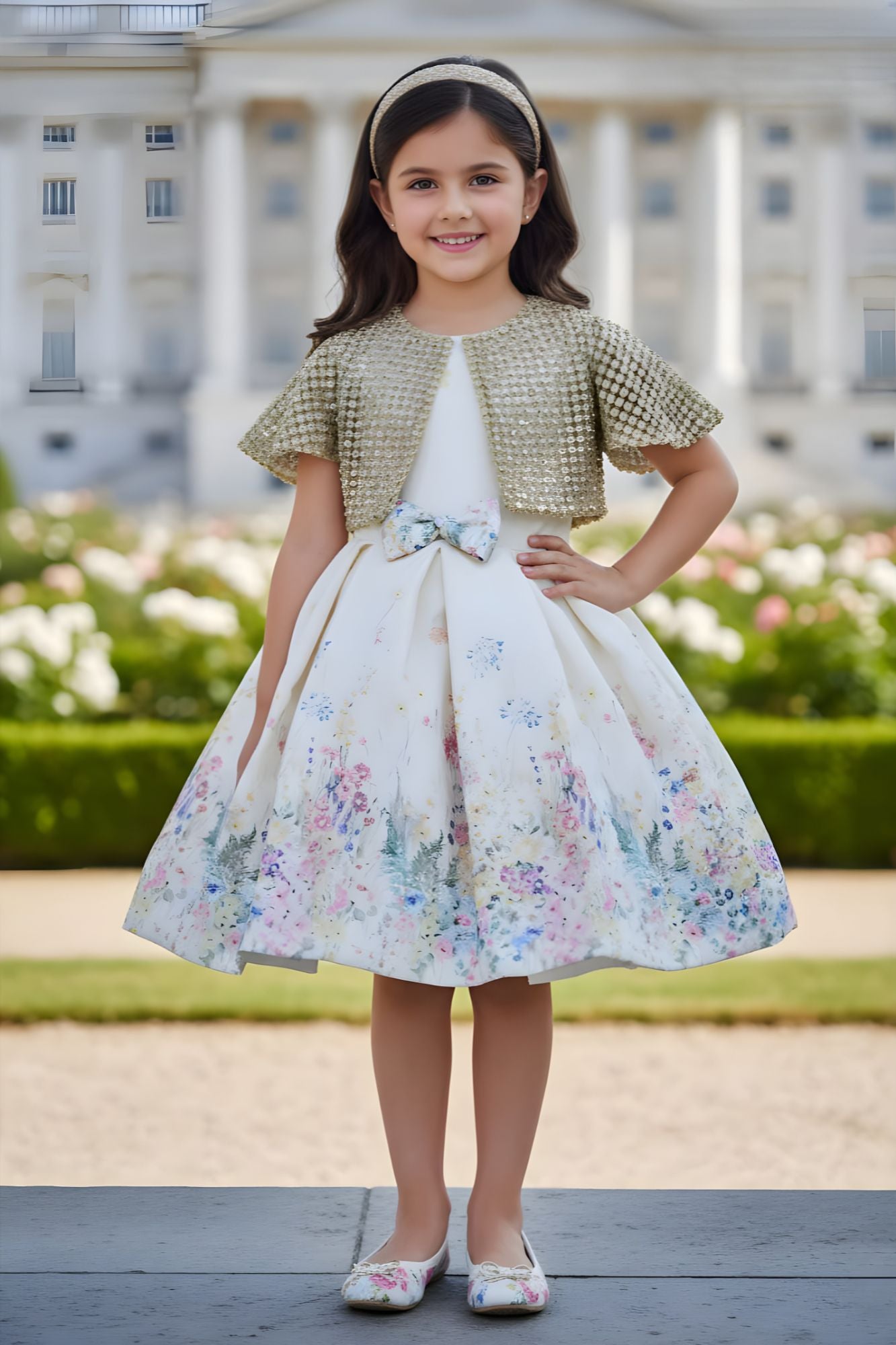 Ivory Floral Party Wear Frock with Golden Jacket And Bow Waist Accent For Girls