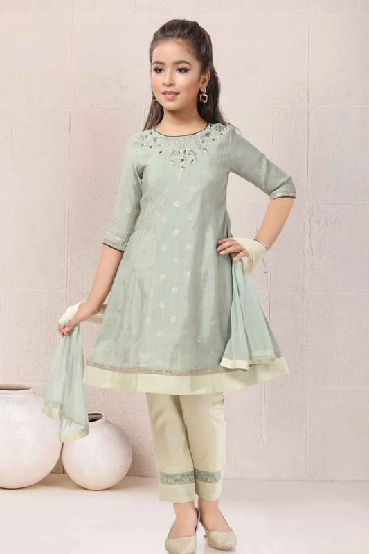 Mint Green Kurta Set with Subtle Embroidery And Straight Pants For Girls