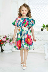 Organza Multicolor Floral Printed Frock For Girls