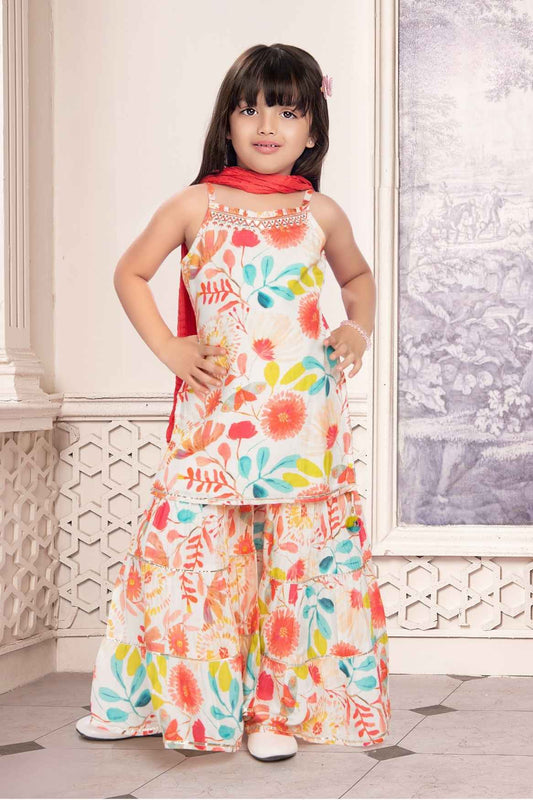 Cream Printed Sleeveless Sharara Set For Girls