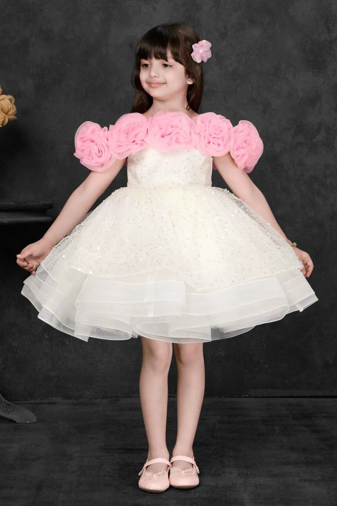 White and Pink Floral Ruffled And Sequins Worked Party Frock for Girls