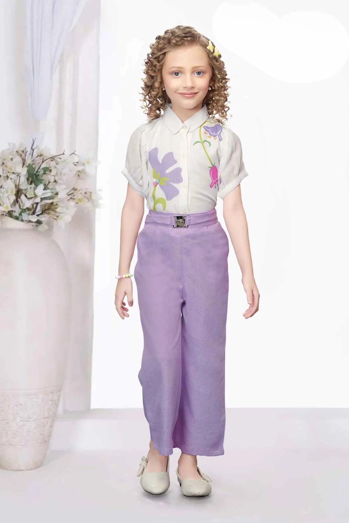 Purple Wide-Leg Pant With Floral Printed White Shirt For Girls