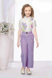 Purple Wide-Leg Pant With Floral Printed White Shirt For Girls
