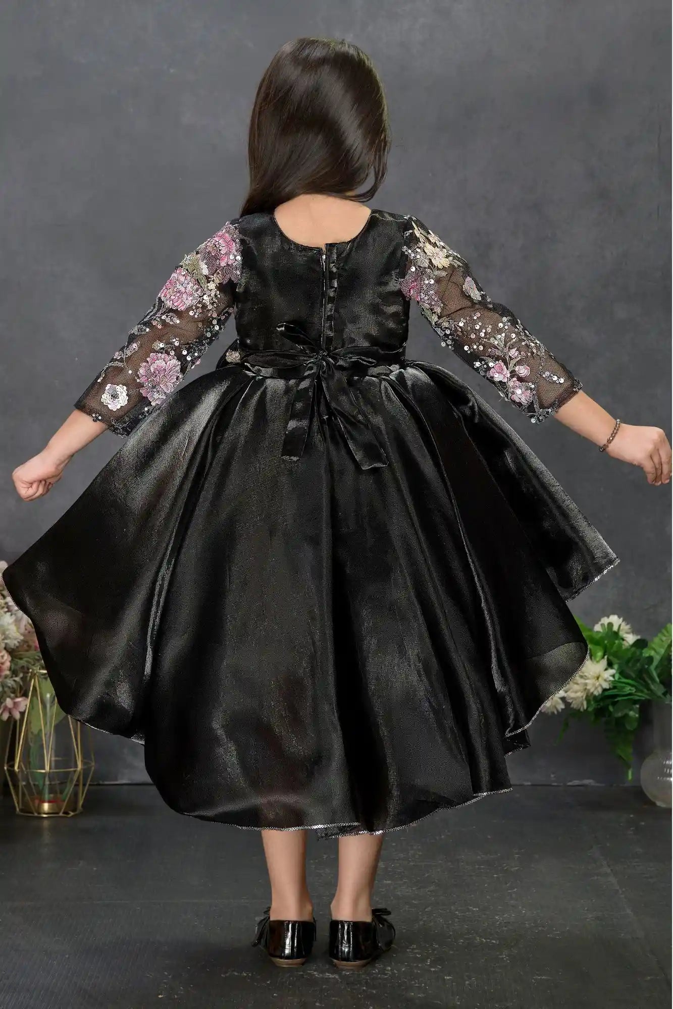 Midnight Black Floral Embroidered Tail Back Party Wear Frock For Girls