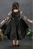Midnight Black Floral Embroidered Tail Back Party Wear Frock For Girls