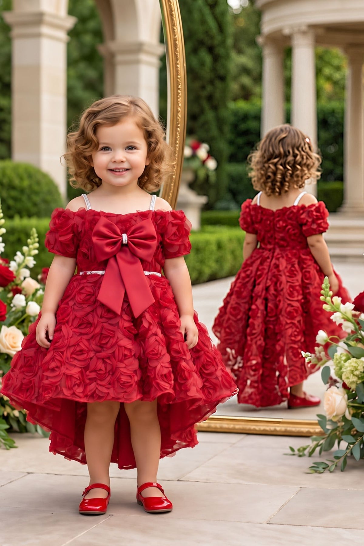 Girls Red 3D Floral Net High-Low Party Frock With Statement Bow