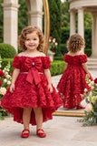 Girls Red 3D Floral Net High-Low Party Frock With Statement Bow