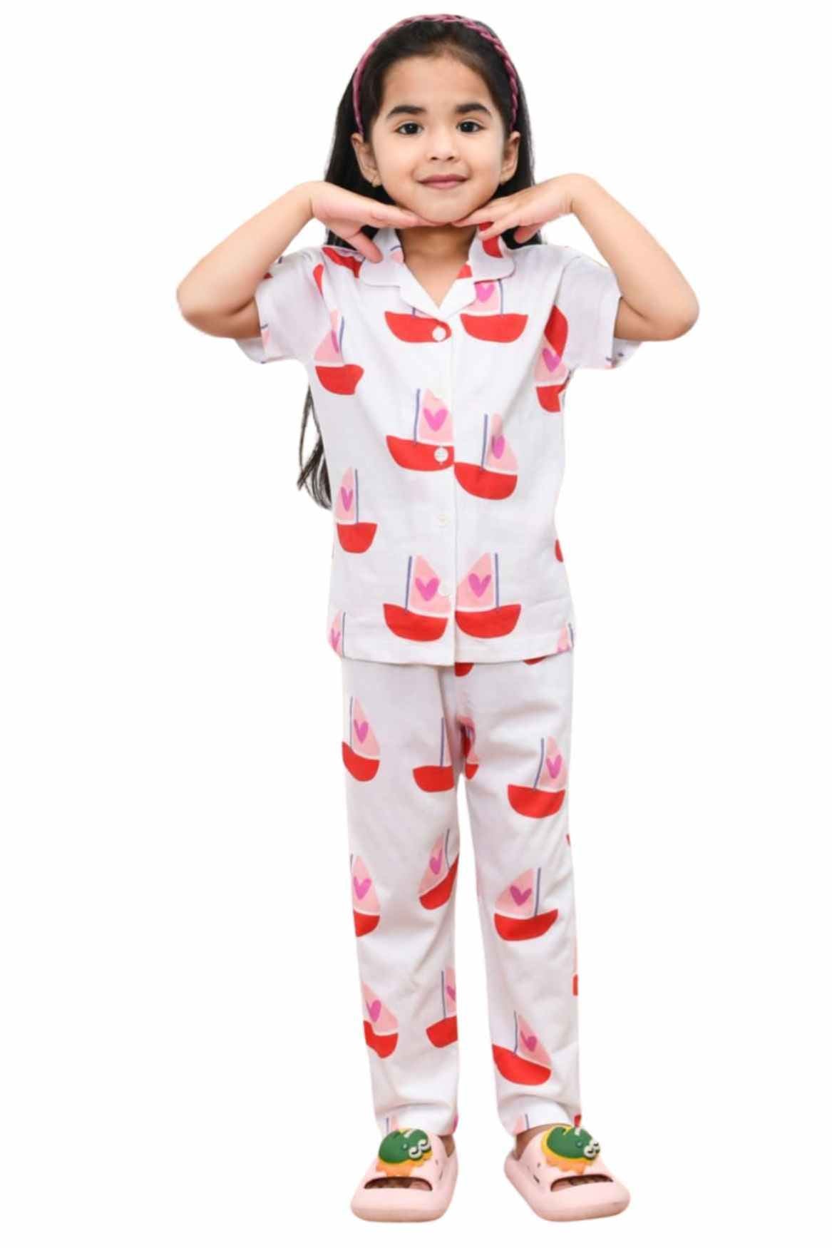 Soft & Stylish White & Red Boat Printed Night Suit Set for Girls