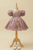 Mauve Puff Sleeve Embroidered Party Frock For Girls