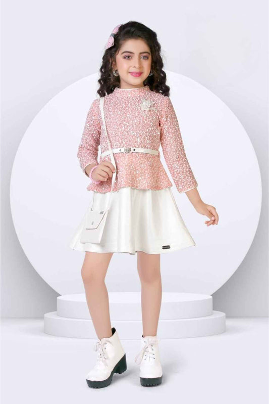 Stylish Pink Full Sleeves Sequins Worked Top With White Skirt Set For Girls