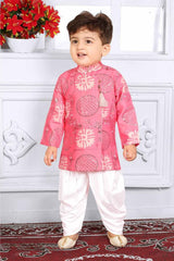 Peach Full Sleeves And Sequins Work With Printed Kurta Set For Boys