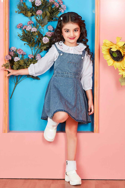 Denim Blue Casual Set With Peter Pan Collar For Girls