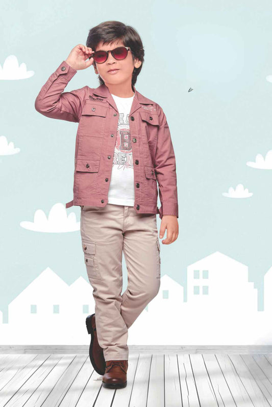 Onion Pink Overcoat With White Shirt And Pant Set For Boys