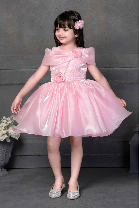 Designer Pink Satin Sequin And Floral Embellished Frock For Girls