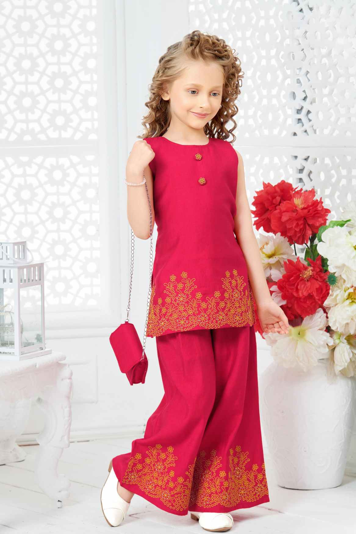 Rani Pink Floral Printed Palazzo Set With Sling Bag For Girls