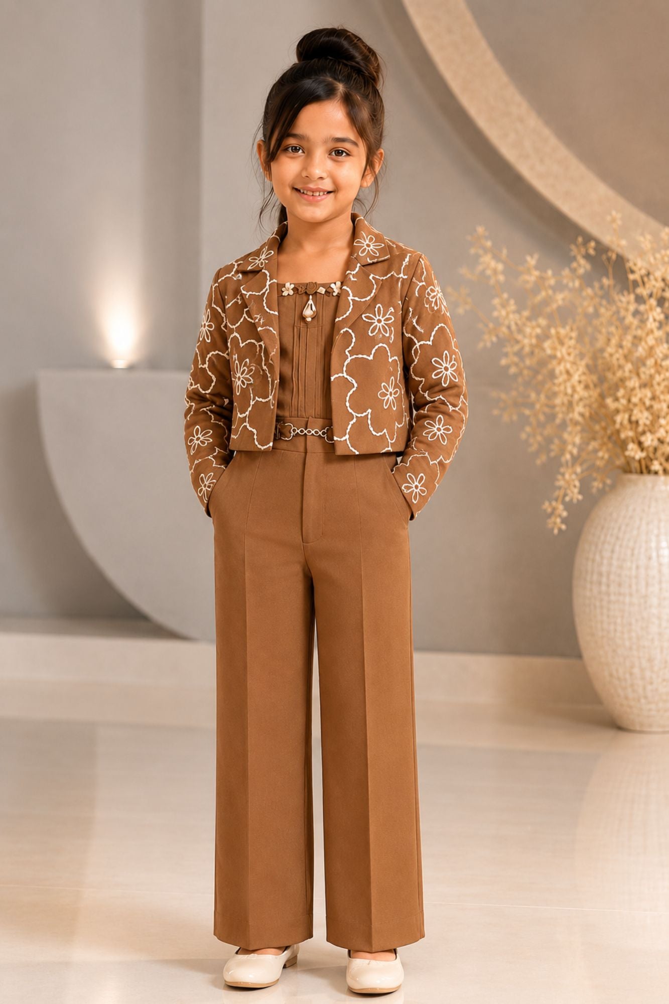 Mocha Embroidered Co-ord Set with Cropped Jacket For Girls