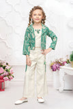 Sea Green Embroidered Jacket & Cream Co-Ord Set For Girls