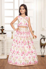 Cream Floral Printed And Sequin Work Lehenga Choli For Girls