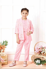 Stylish Pink Co Ord Set With Overcoat For Girls