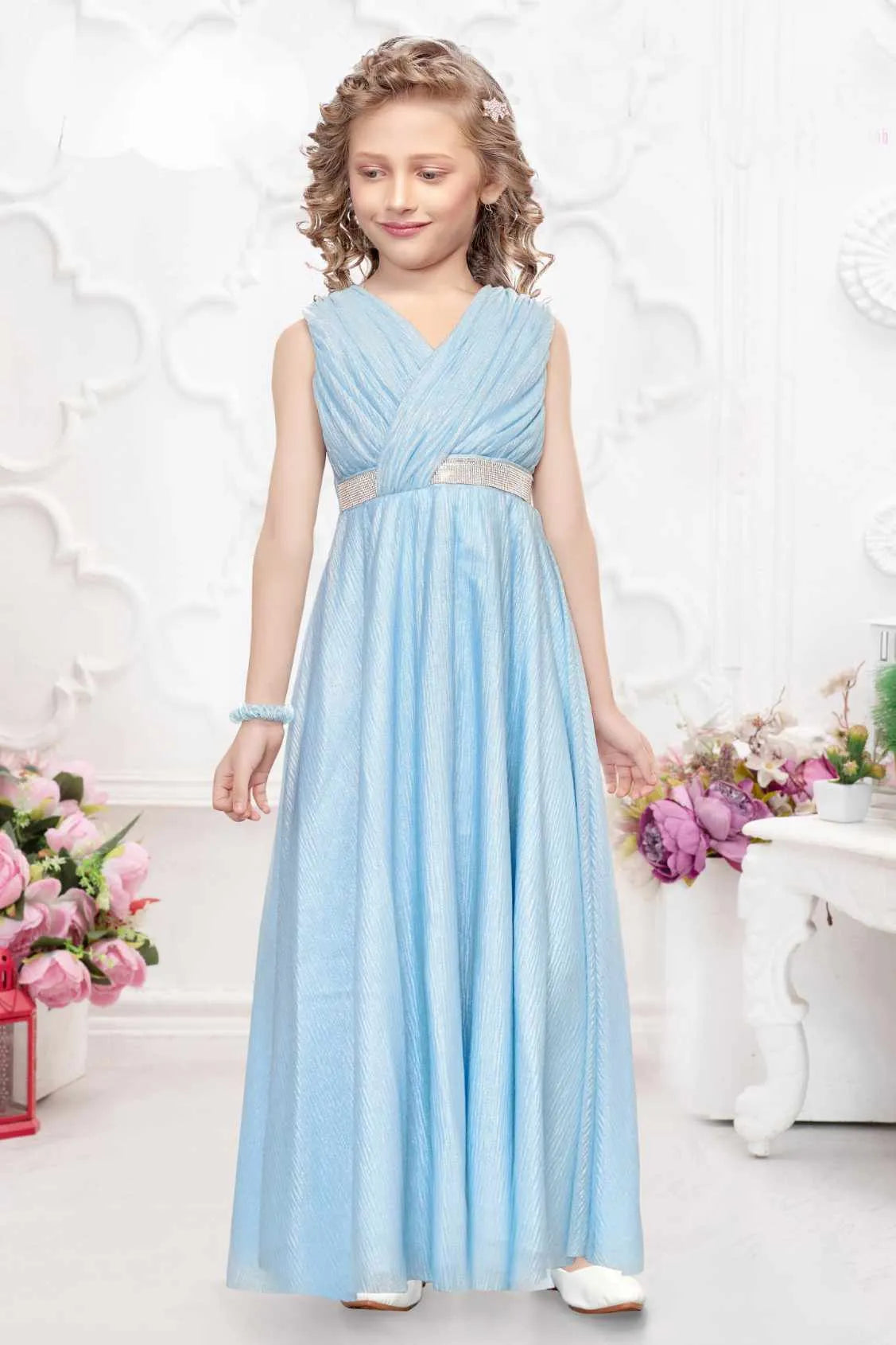 Sky Blue Pink Shimmer Party Gown For Girls