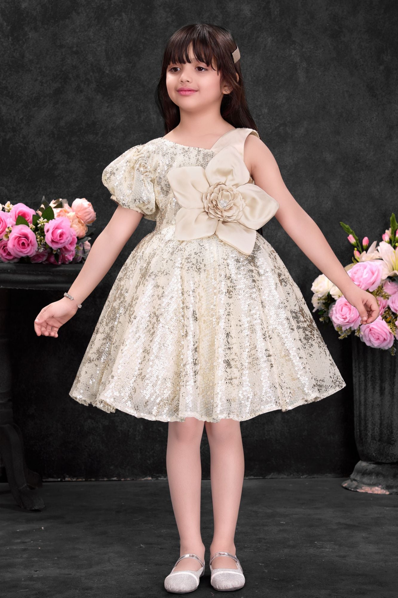 Fawn Sequin Party Wear Frock with Statement Floral Detail For Girls