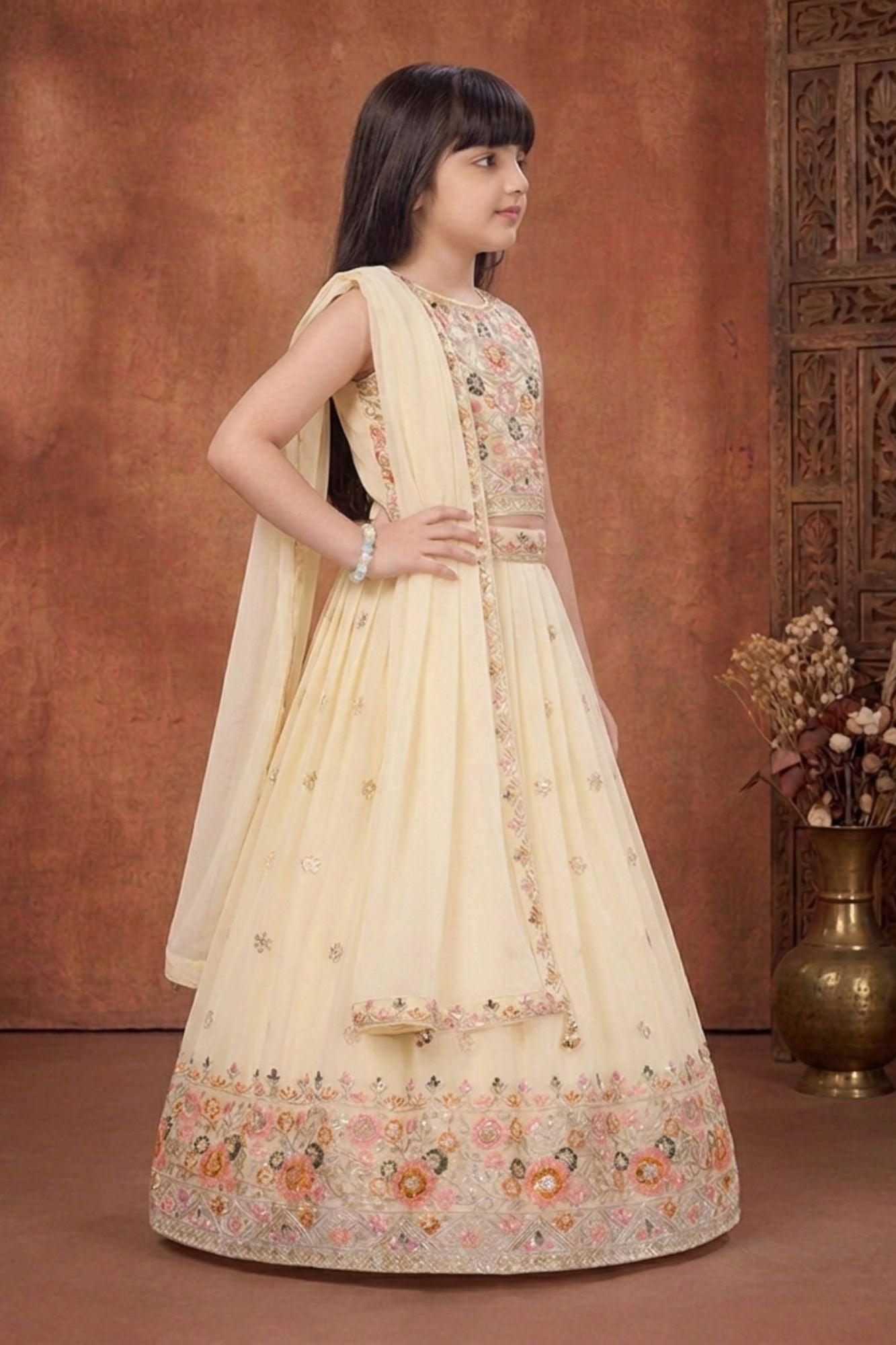 Girls Cream Embroidered Lehenga Choli Set with Dupatta