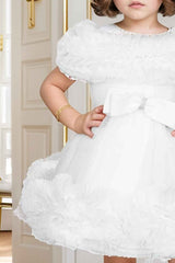 White Frock With Ruffled And Bow Embellished For girls