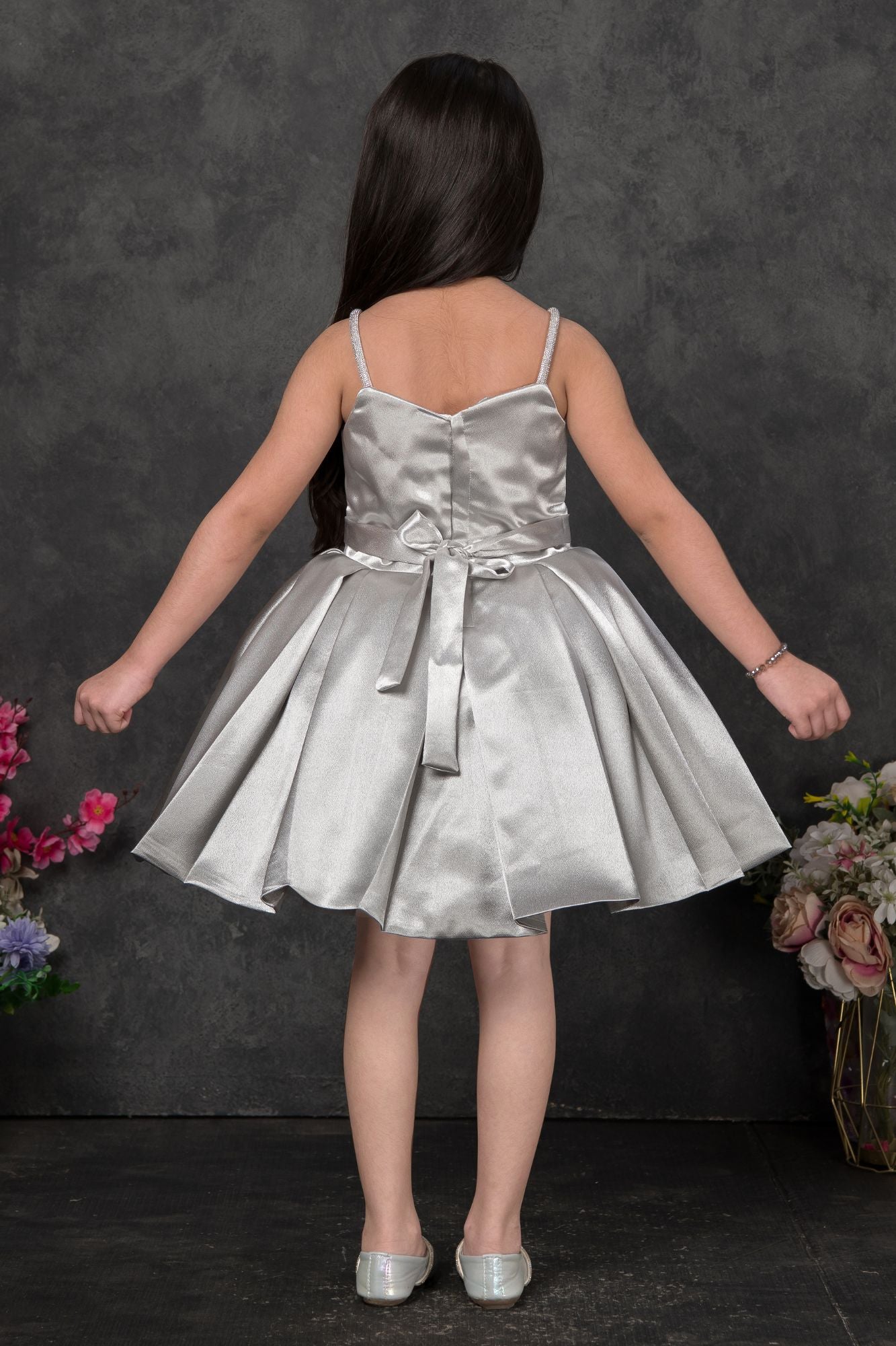 Silver Frock With 3D Rose Detail For Girls