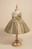Fawn Party Frock with Floral Rosette and Embellished Strap Detailing For Girls