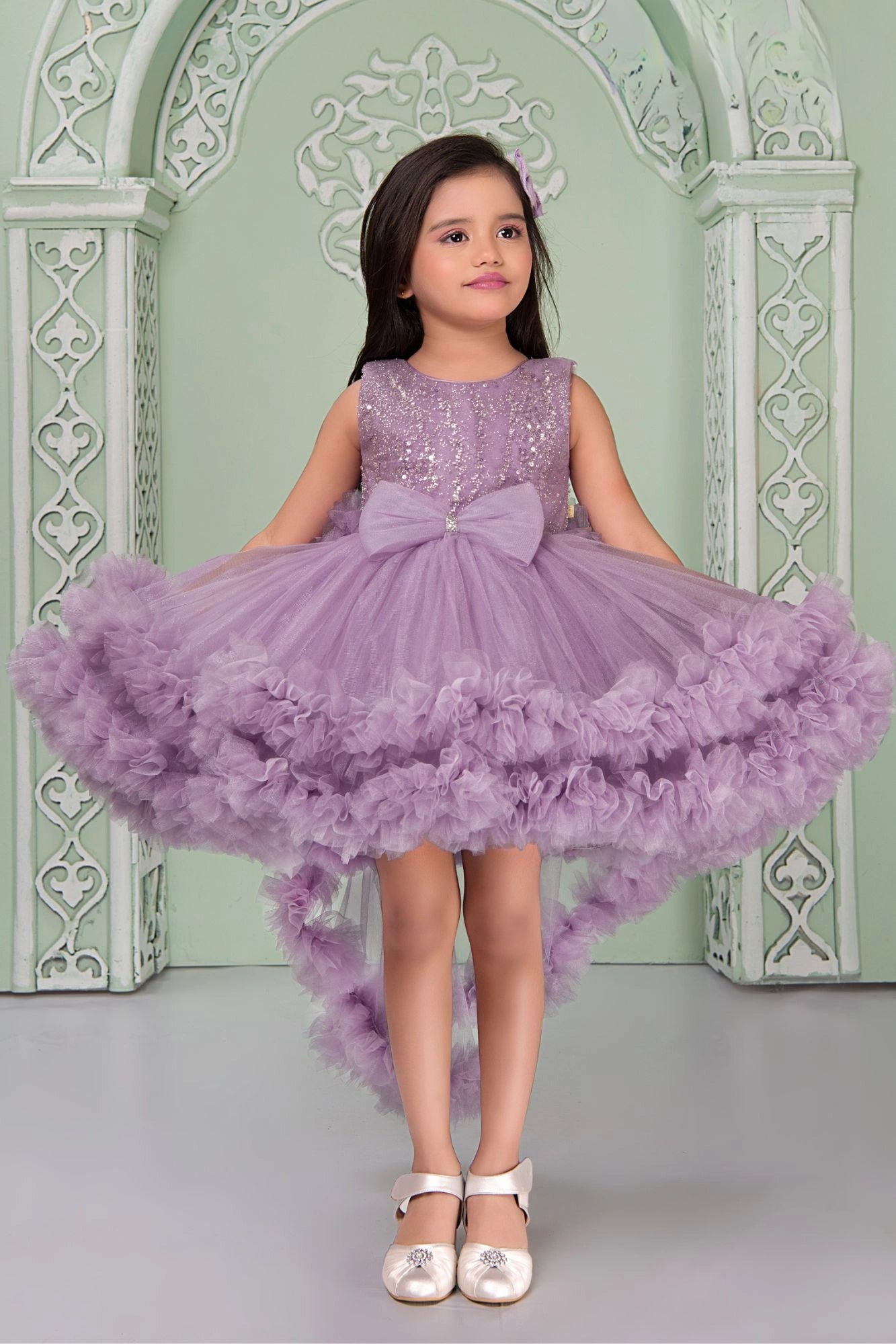 Lavender Sequin Bodice Party Wear Frock with Ruffle Hem & Bow Accent For Girls