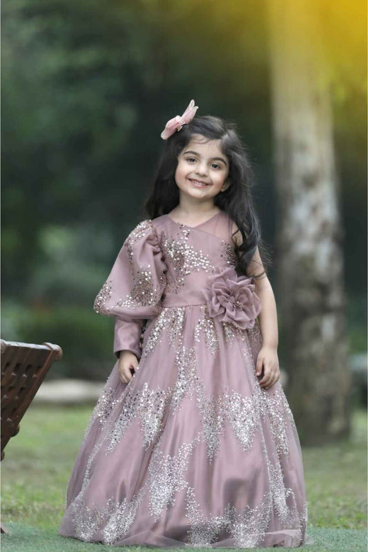 Onion Pink Floral Embellished And Sequins Embroidered Gown For Girls