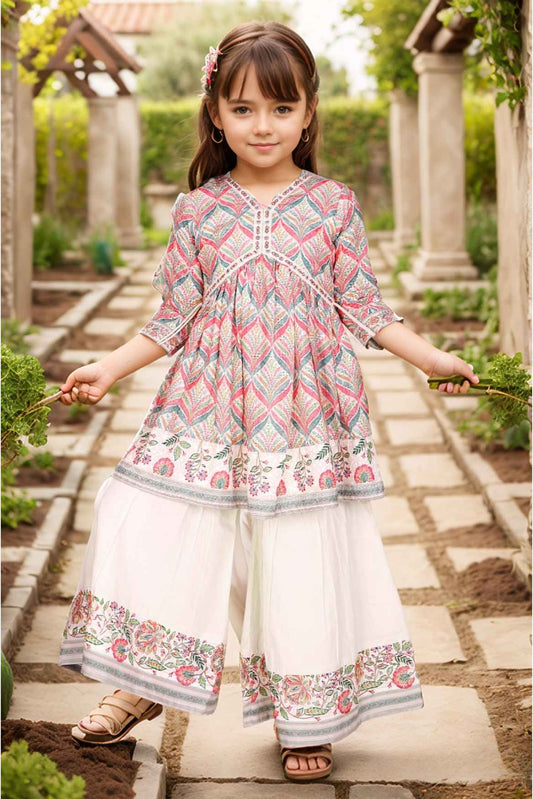 Cream Floral Printed Ethnic Sharara Set For Girls