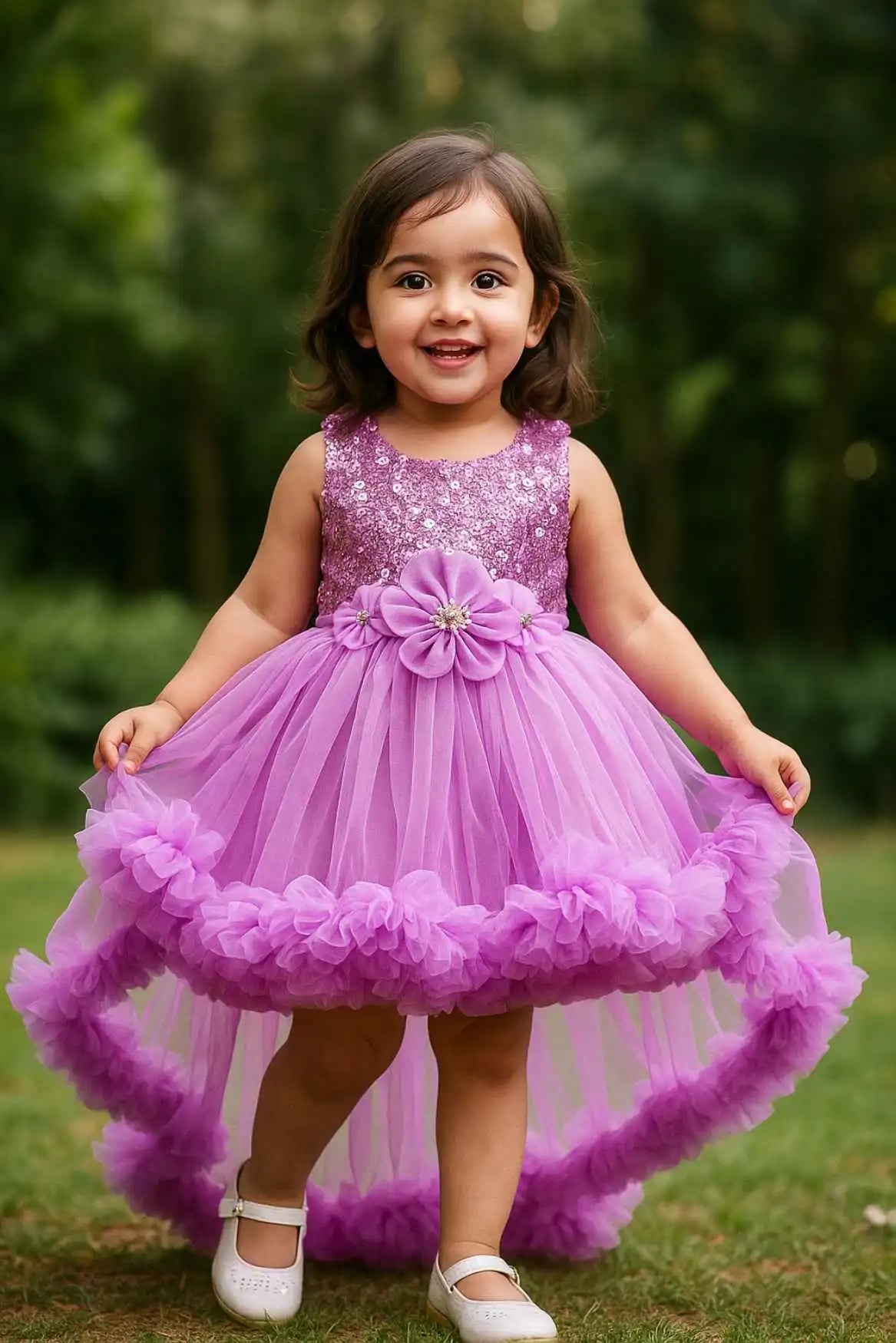 Lavender Sequin Bodice High-Low Party Frock with Ruffle Layers For Girls
