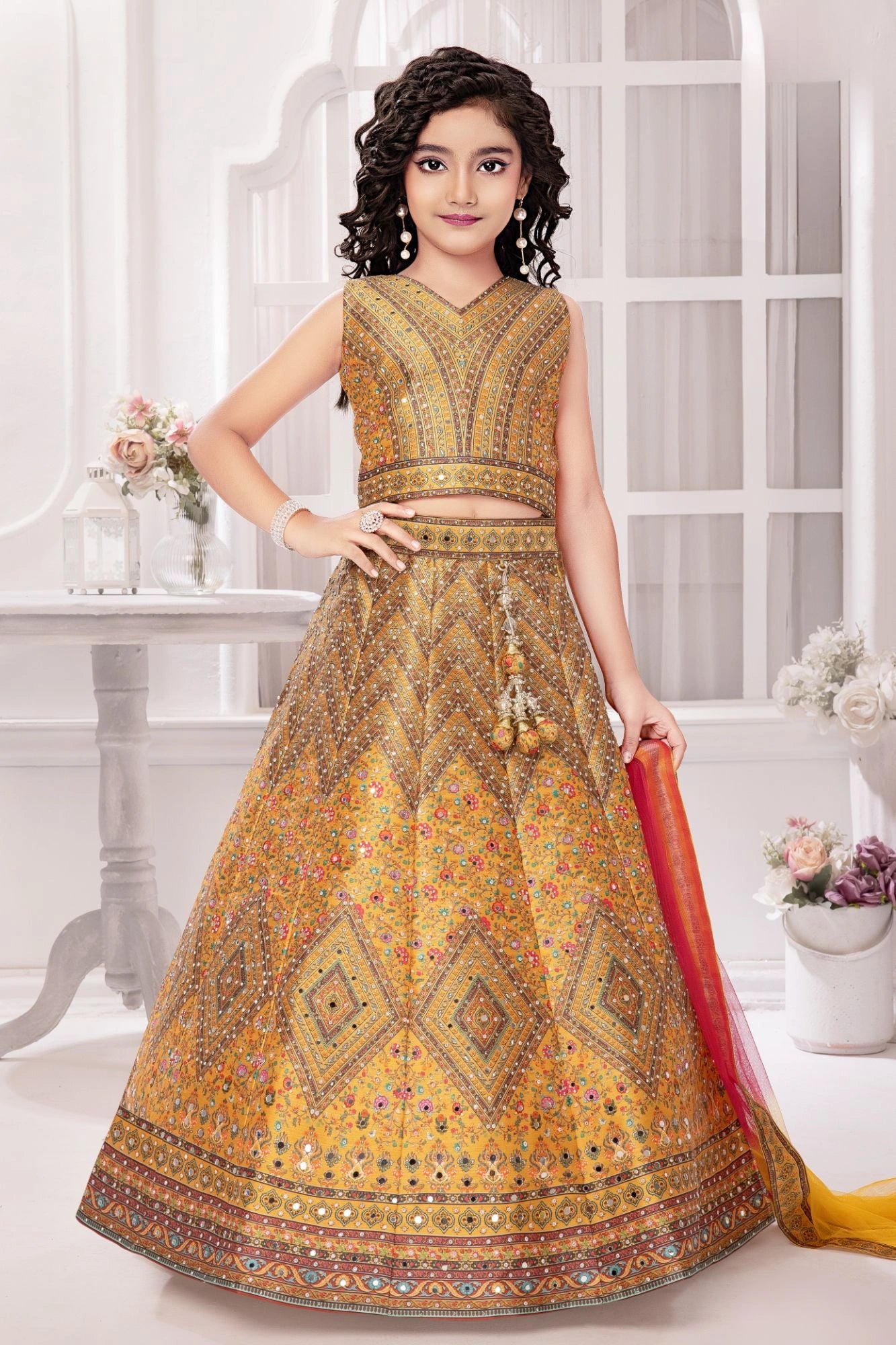 Golden Yellow Mirror Work Lehenga Choli with Dupatta For Girls