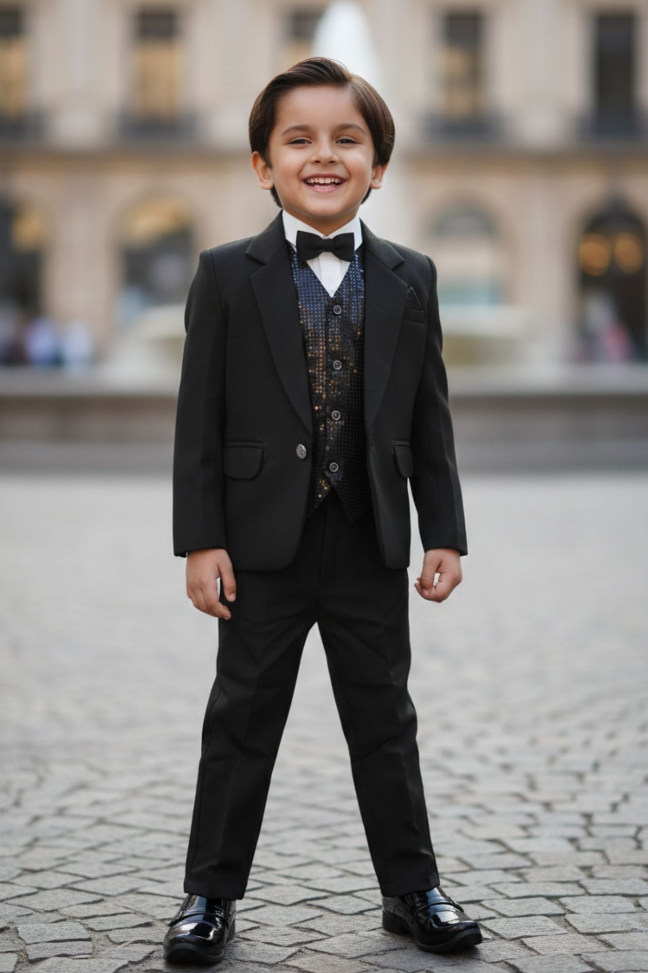 Black Tuxedo With Black Pant And Sequin Waistcoat Set For Boys