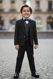 Black Tuxedo With Black Pant And Sequin Waistcoat Set For Boys
