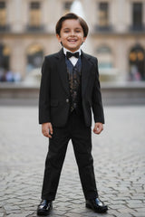 Black Tuxedo With Black Pant And Sequin Waistcoat Set For Boys