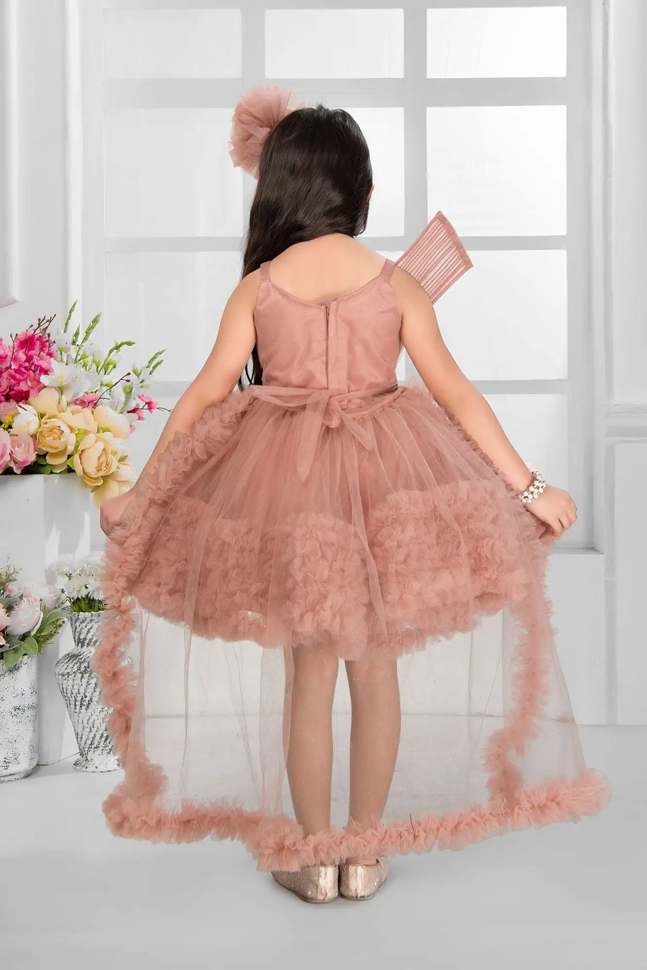 Dusty Pink Shimmer Party Gown with Dramatic Ruffles And Bow Accent For Girls
