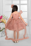 Dusty Pink Shimmer Party Gown with Dramatic Ruffles And Bow Accent For Girls