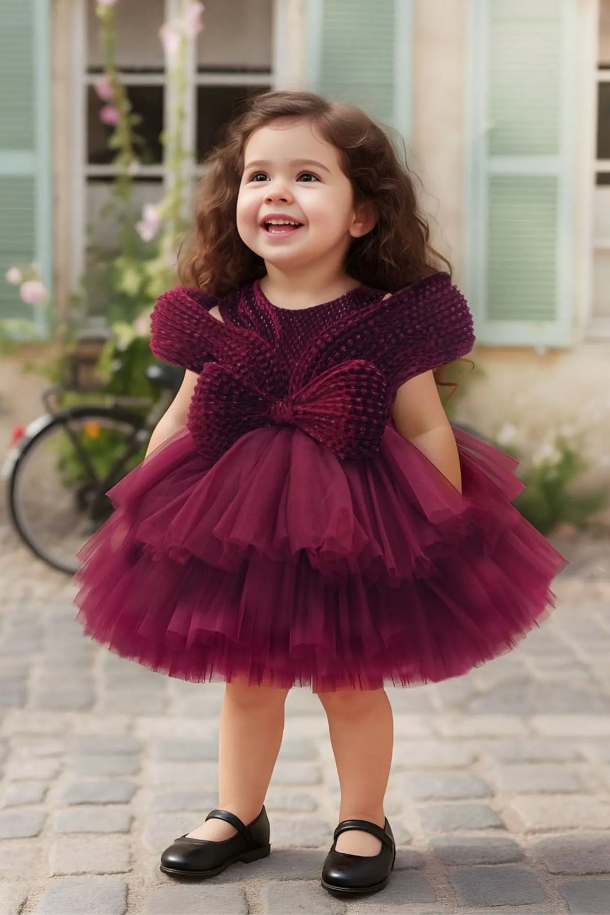 Maroon Party Wear Frock with Oversized Bow For Girls