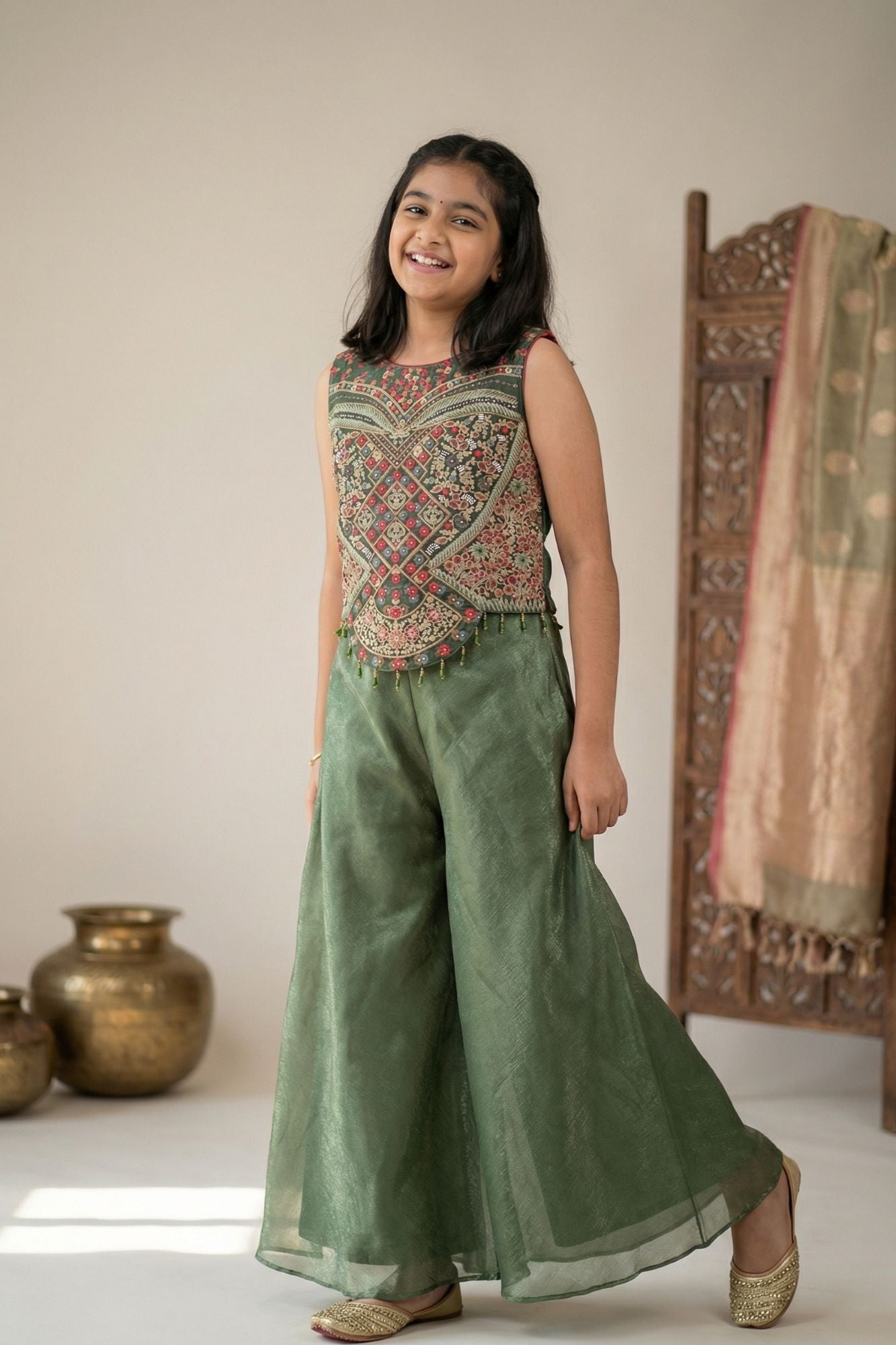 Olive Green Palazzo Set with Heavy Multicolor Embroidered Top For Girls