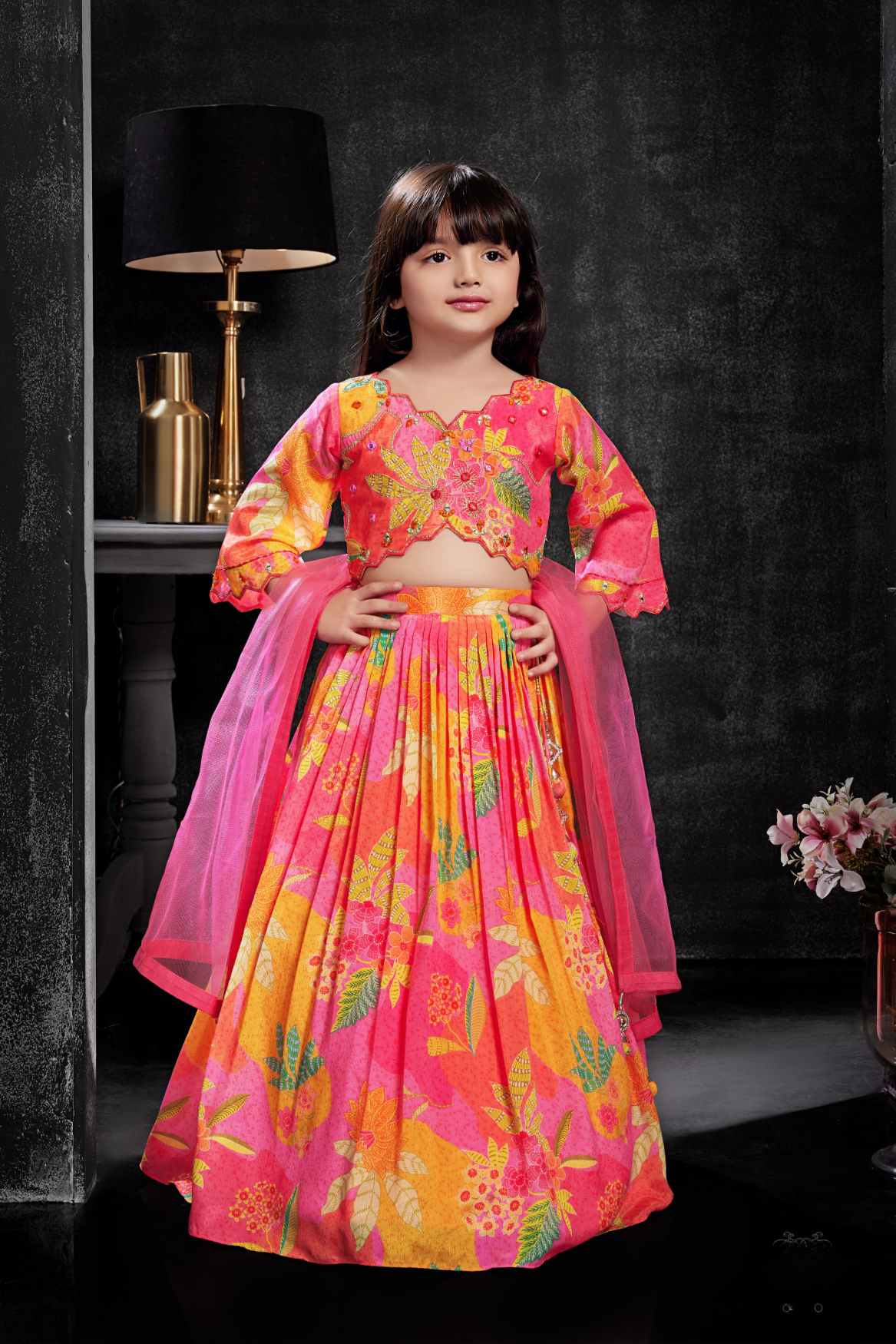 Pink and Orange Floral Printed Lehenga Choli Set with Dupatta