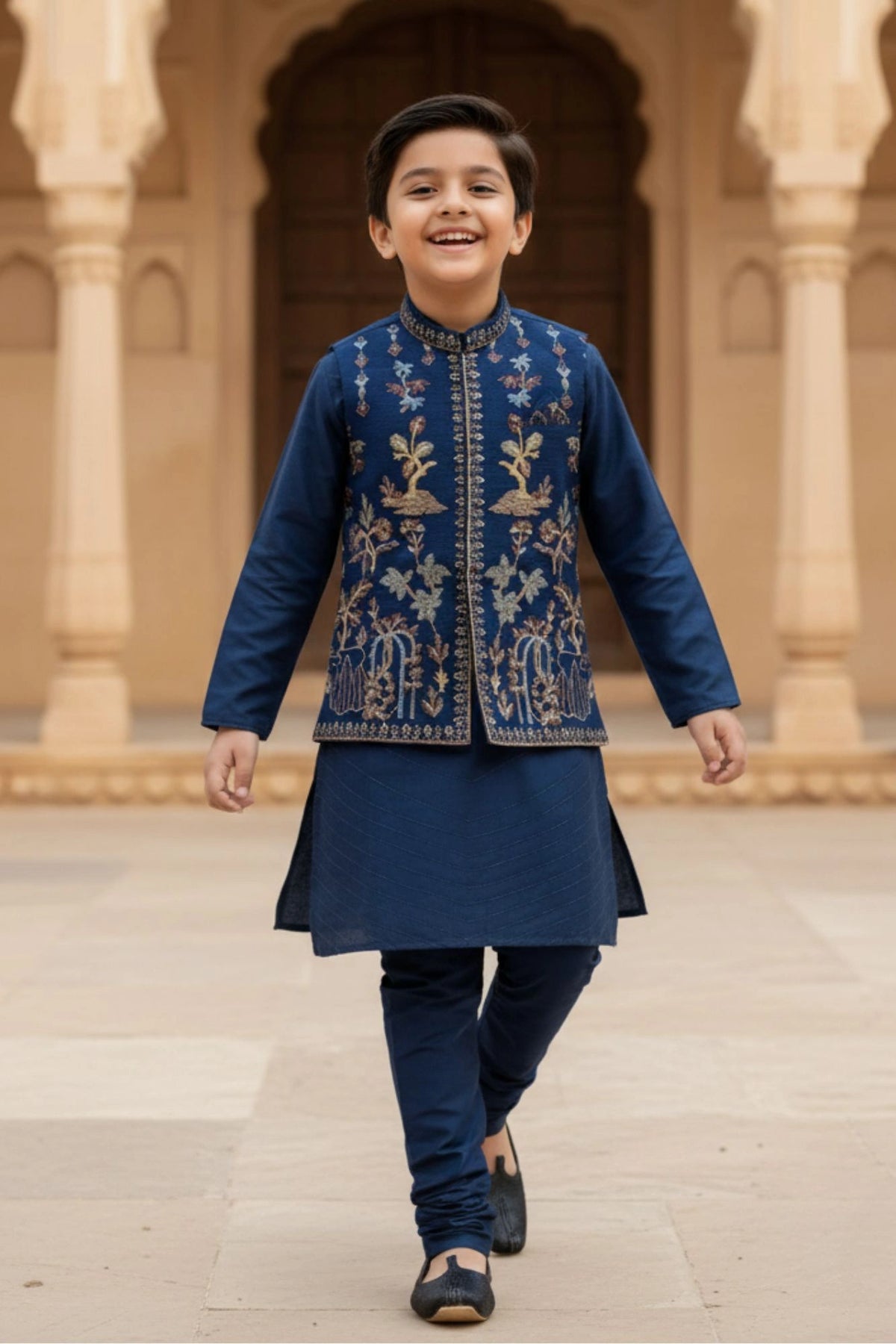 Navy Blue Kurta Pajama with Multicolored Embroidered Nehru Jacket Set For Boys
