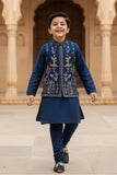 Navy Blue Kurta Pajama with Multicolored Embroidered Nehru Jacket Set For Boys