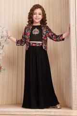 Black Sequin And Embroidery Palazzo Set With Overcoat For Girls