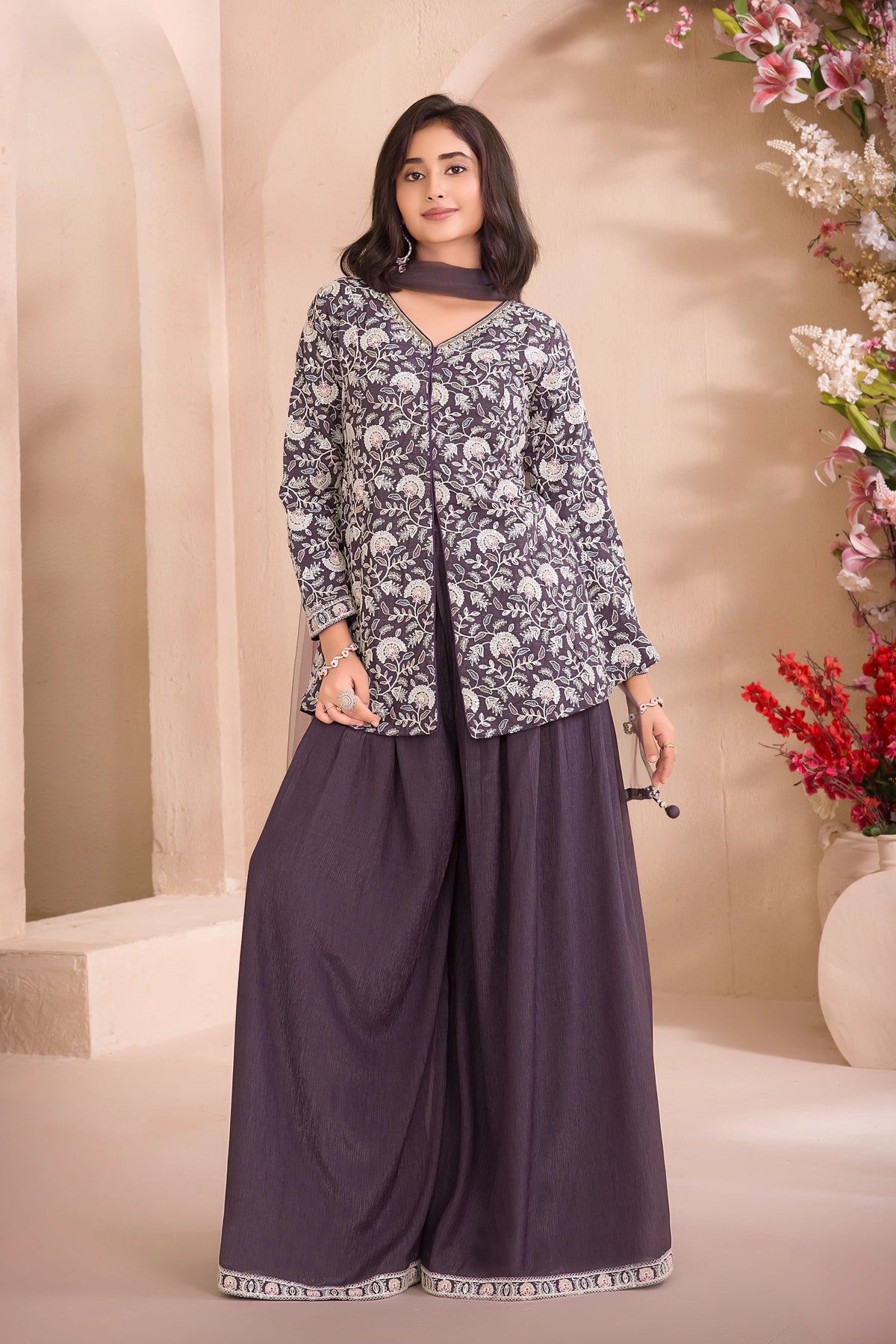 Wine Embroidered Palazzo Set with Dupatta For Girls