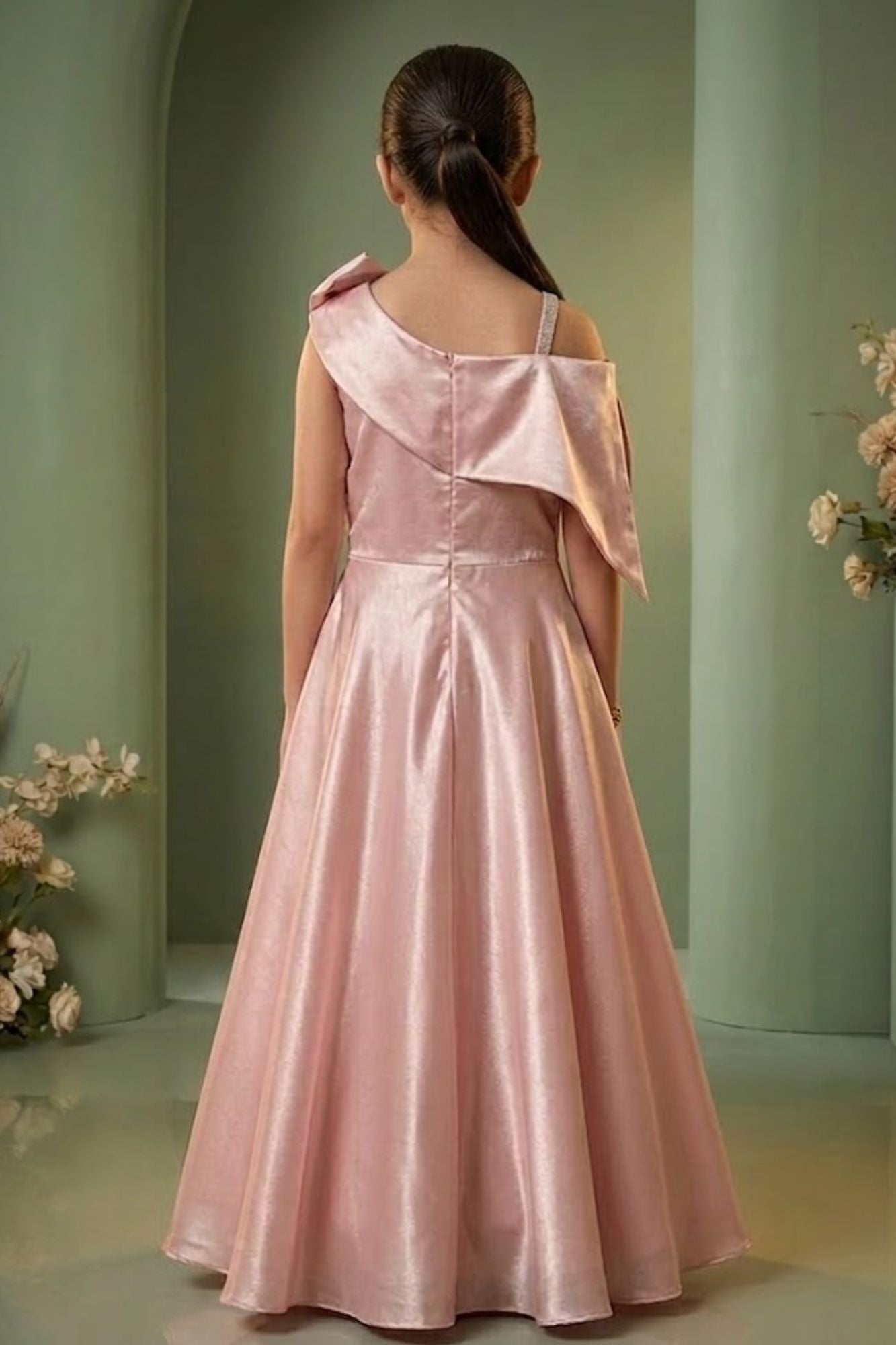 Girls Blush Pink One-Shoulder Party Wear Gown